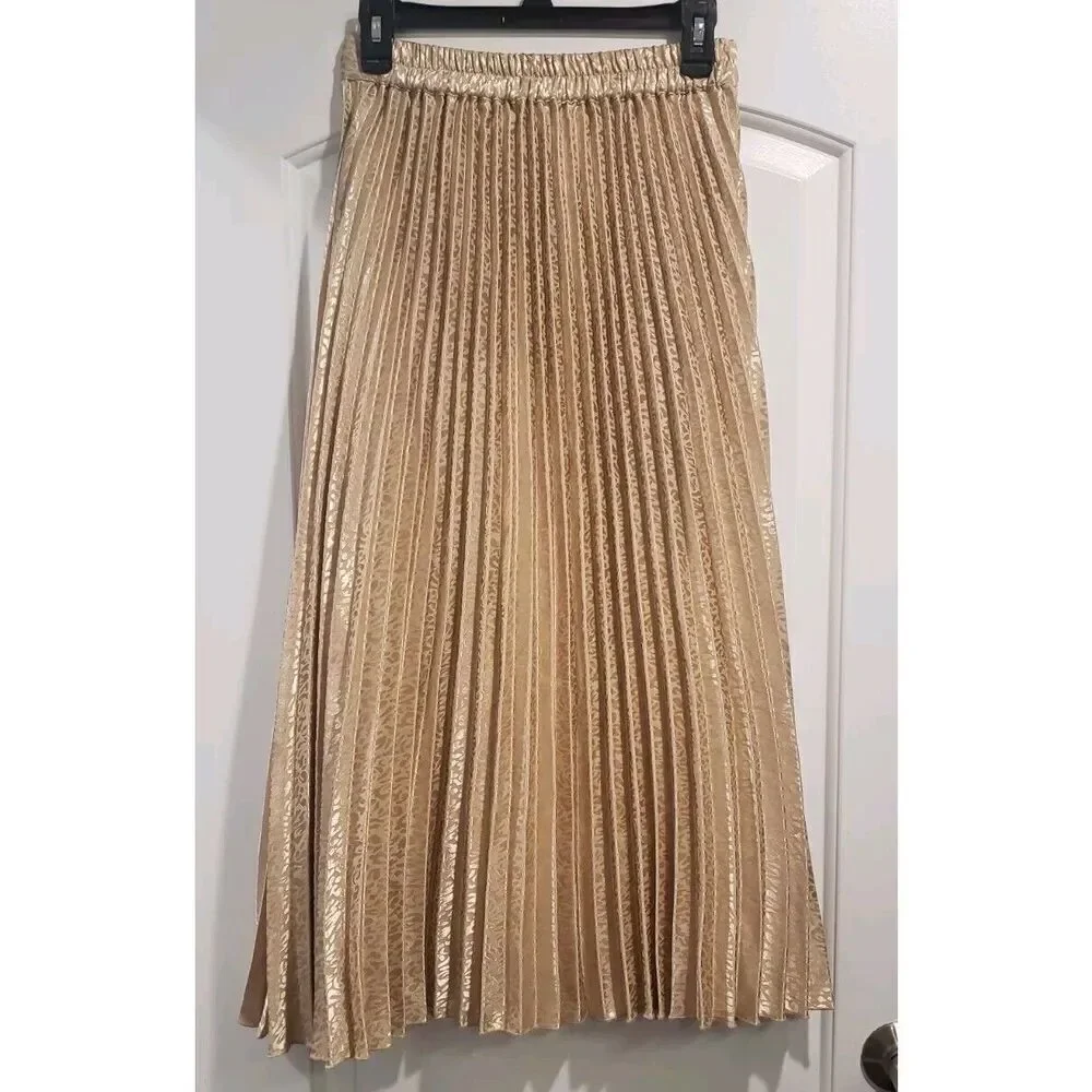 JAPNA Gold‎ Pleated Animal Print Midi Skirt Size Small